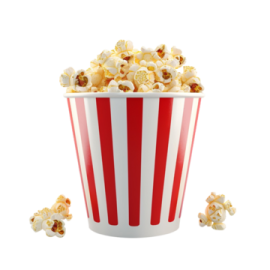 a red and white striped bucket filled with popcorn