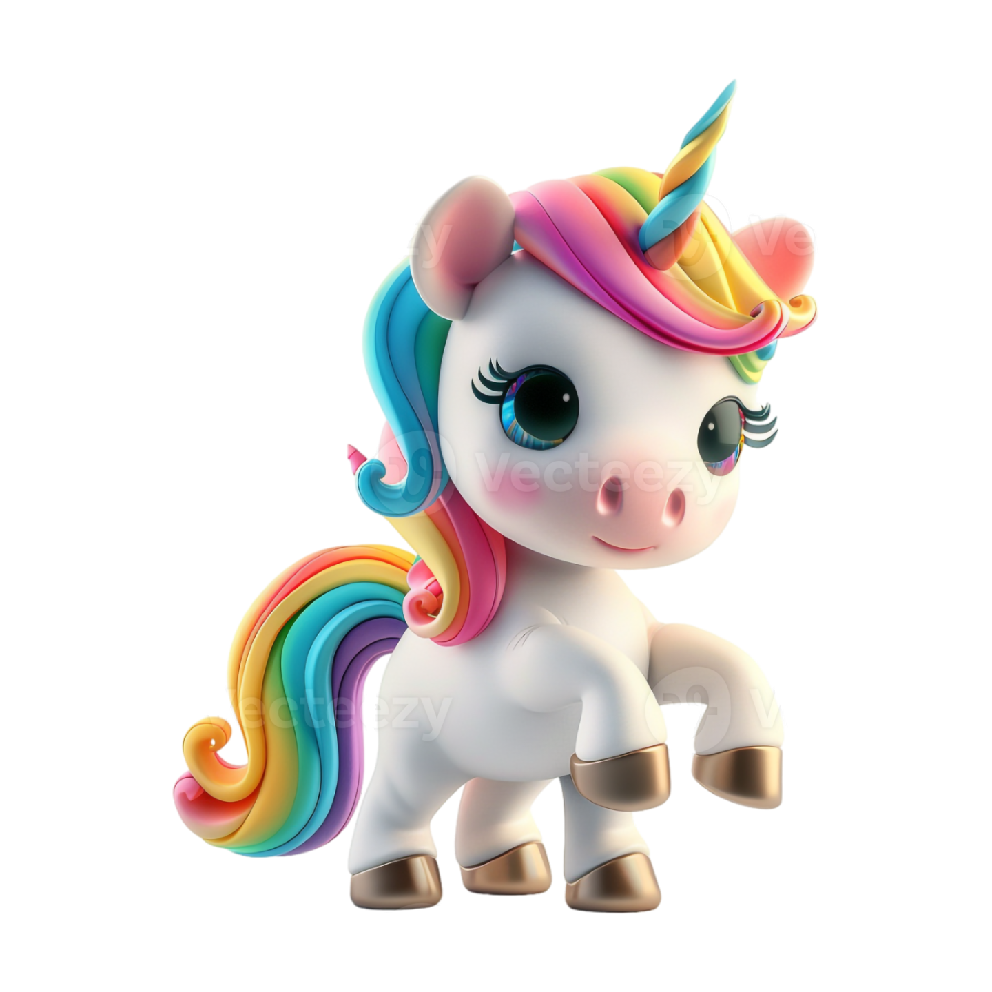 a cute little unicorn with a rainbow mane standing on a white background
