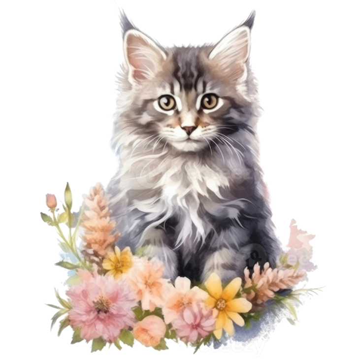 a watercolor painting of a kitten surrounded by flowers