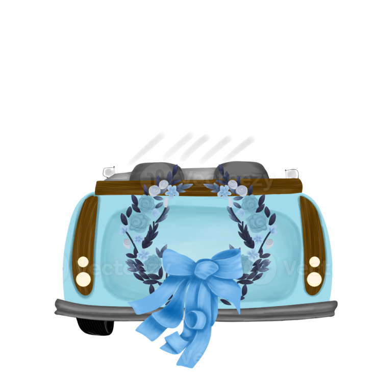 a blue car with a wreath on the front
