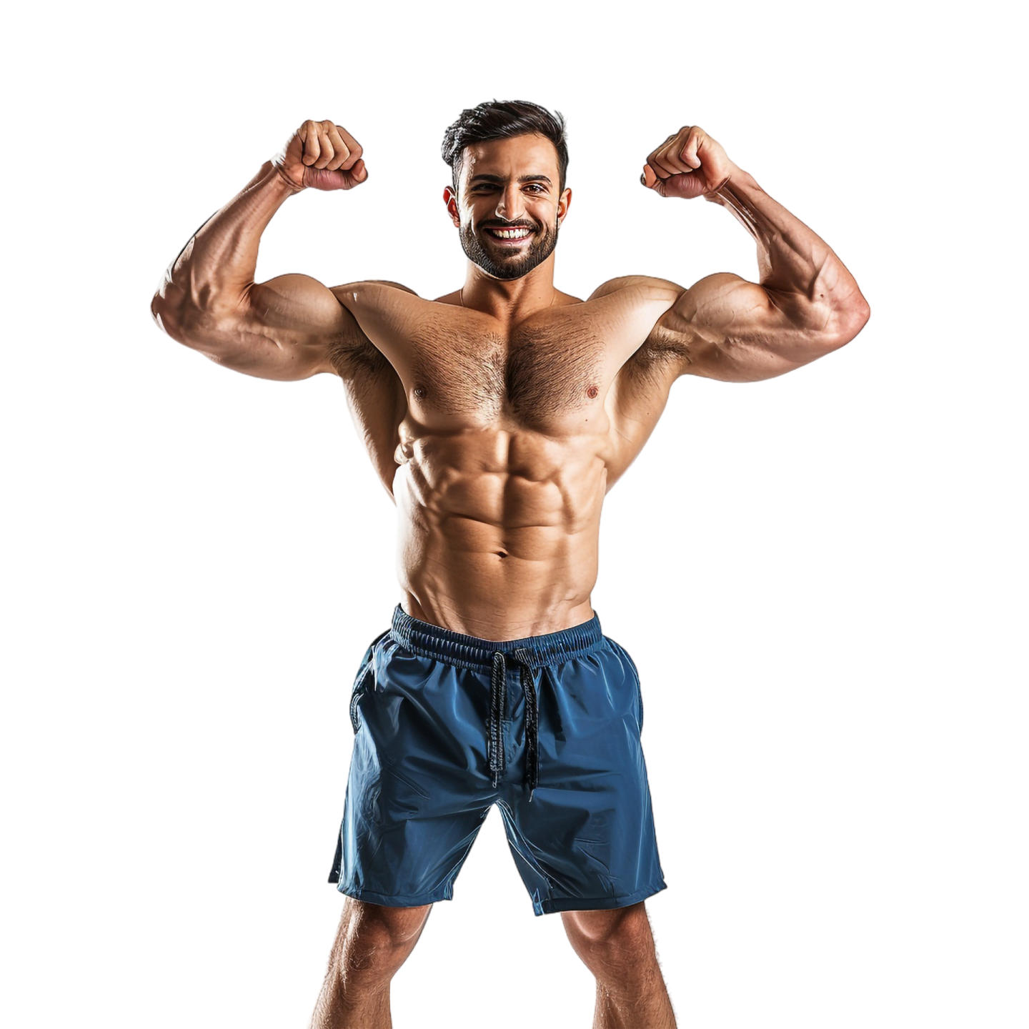 a man in blue shorts flexing his muscles