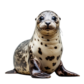 a grey seal sitting on top of a white surface