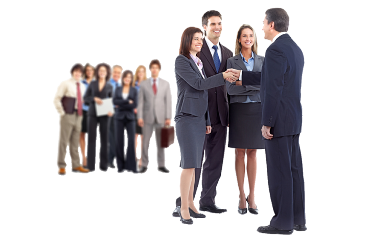 a group of people standing in front of a white background