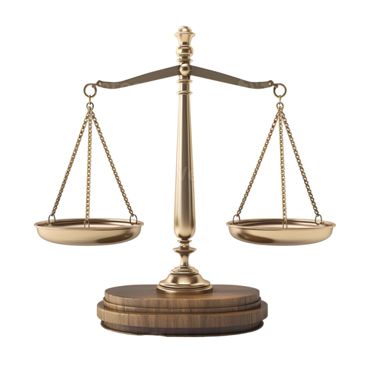 a golden balance scale on a white background
