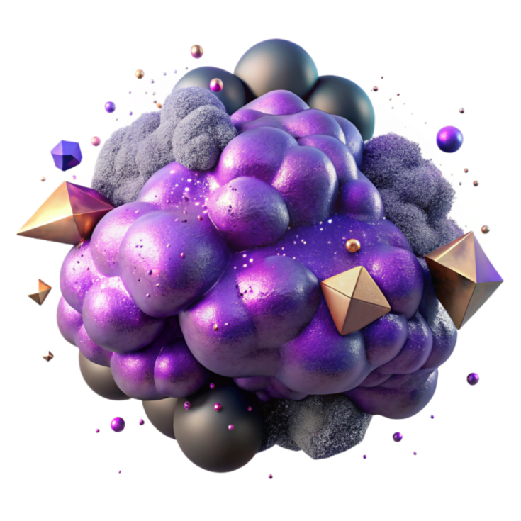 a bunch of purple and gold balloons