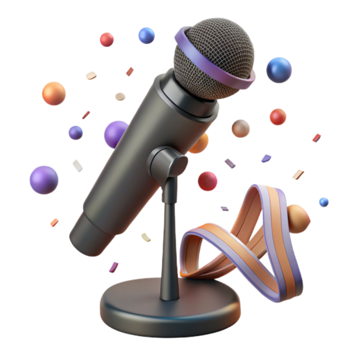 a microphone with balloons flying around it