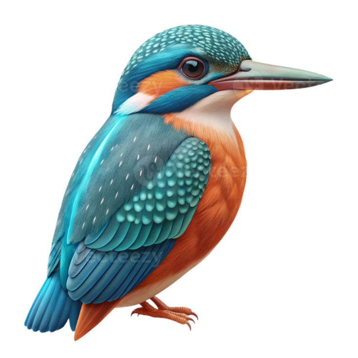 a blue and orange bird sitting on a white background