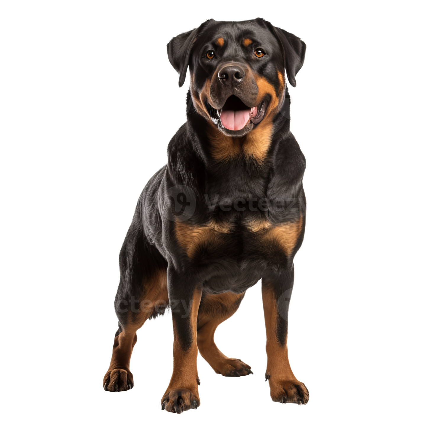 a large black and brown dog with its tongue out