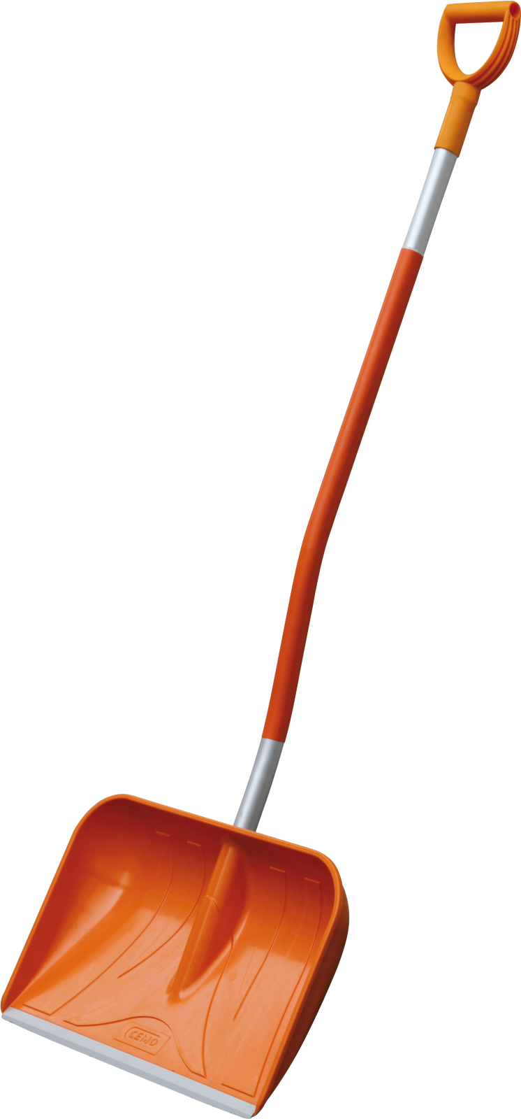 an orange shovel with a white handle