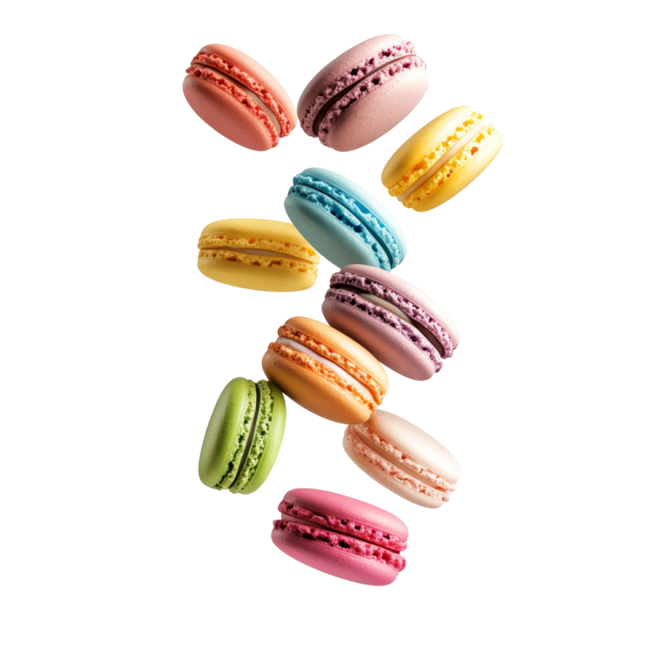 a bunch of macaros flying in the air