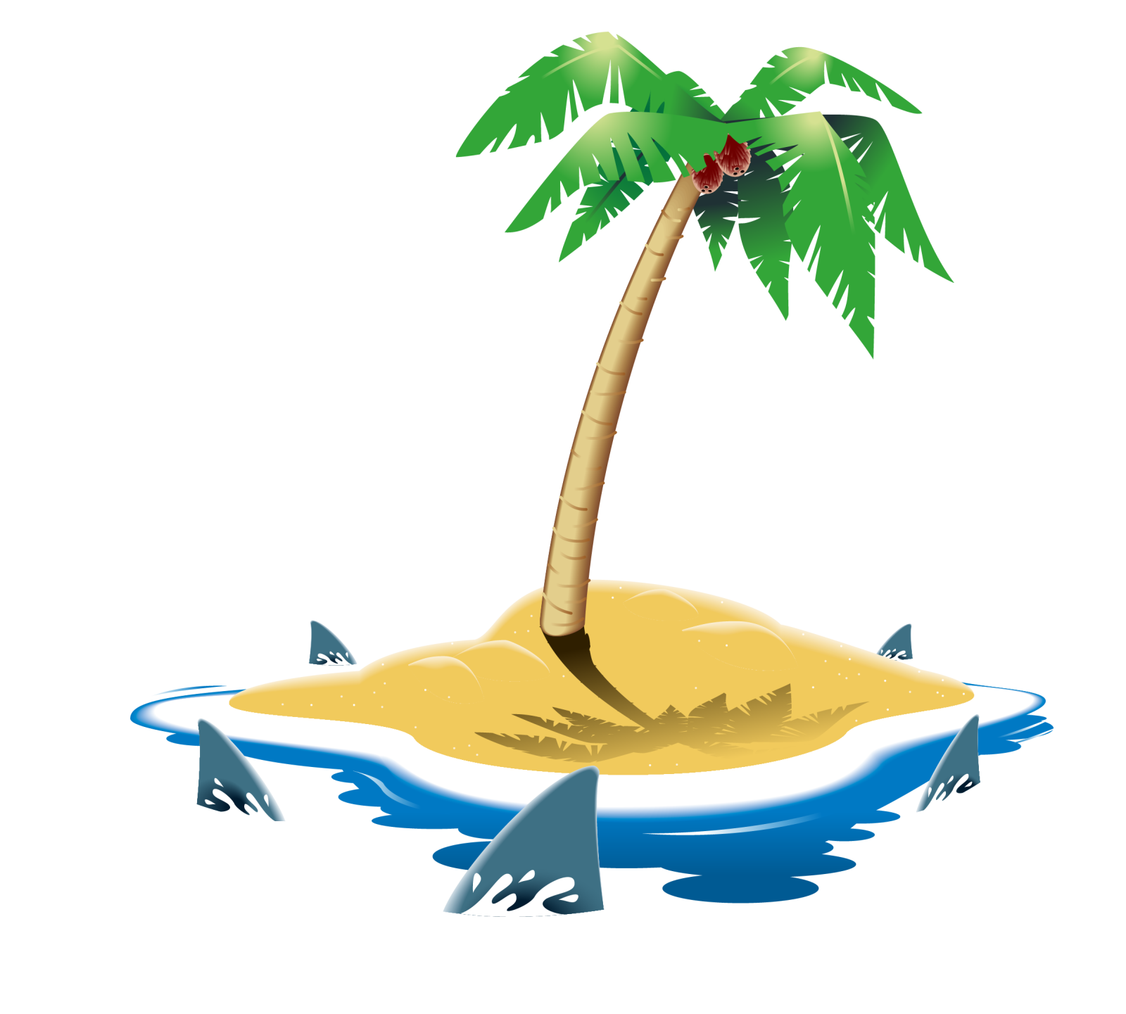 an island with a palm tree and sharks