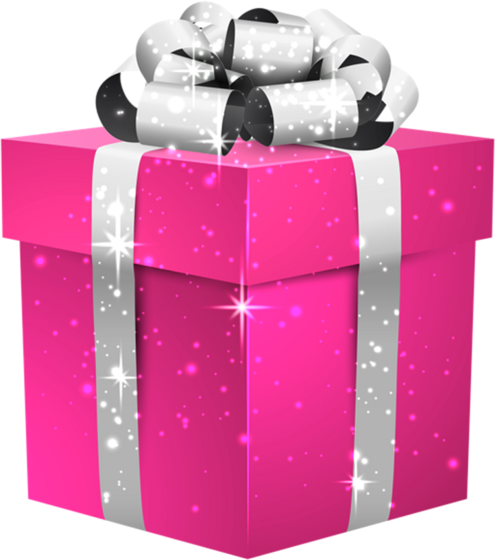 a pink gift box with silver ribbon and bow