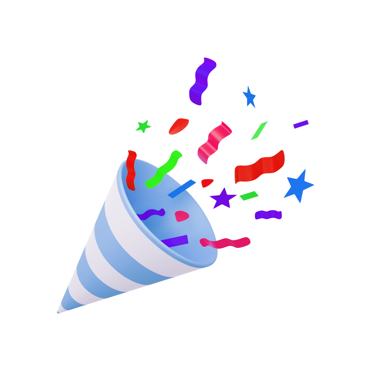 a blue and white party hat with colorful streamers