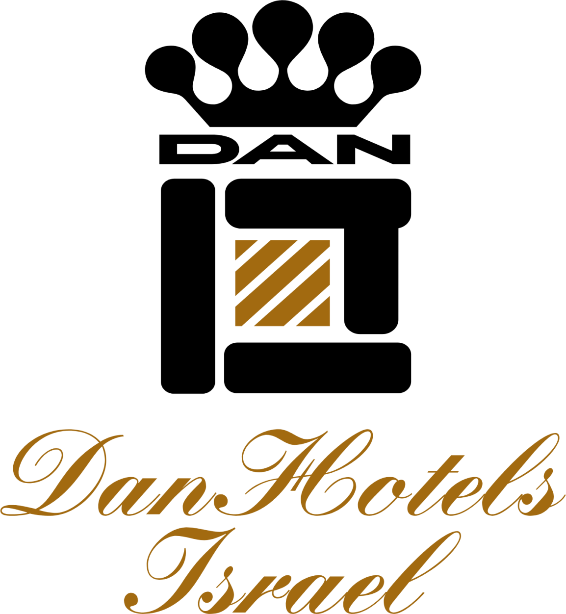 a black and gold logo with a crown on top of it
