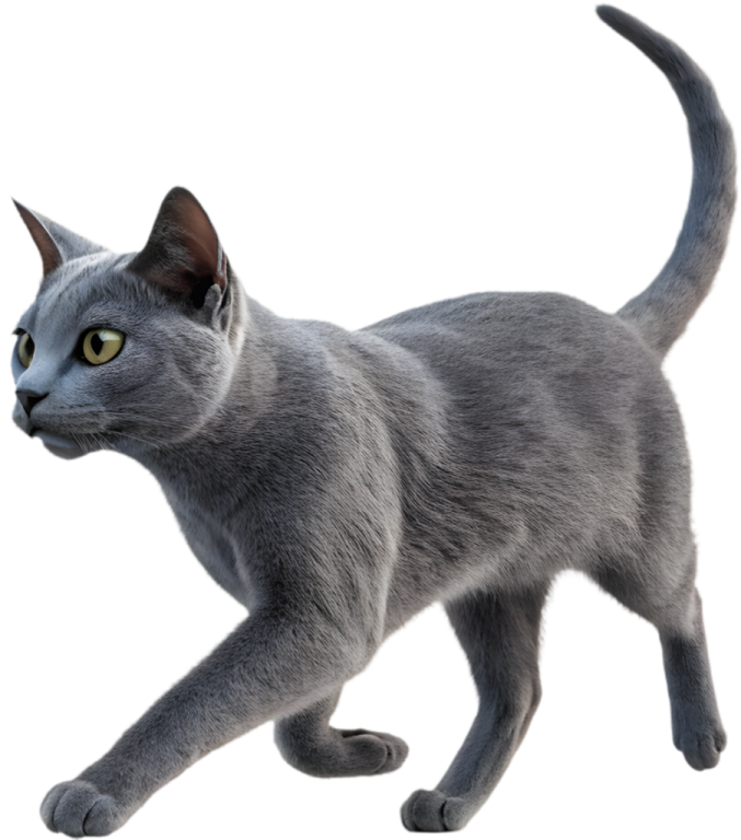 a gray cat walking on a white background