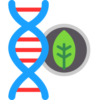 a blue and red dna with a green leaf