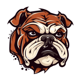 a bulldog's face with brown and white spots