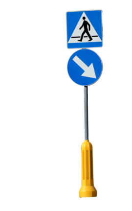 a blue and white sign with an arrow pointing left