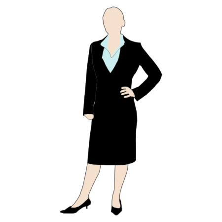 a woman in a business suit standing with her hands on her hips