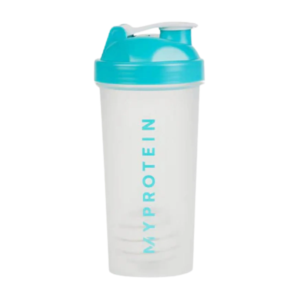 a white and blue shaker bottle with the word protein on it