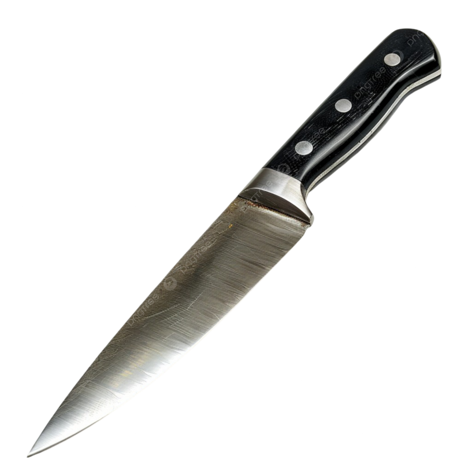 a knife with a black handle on a white background