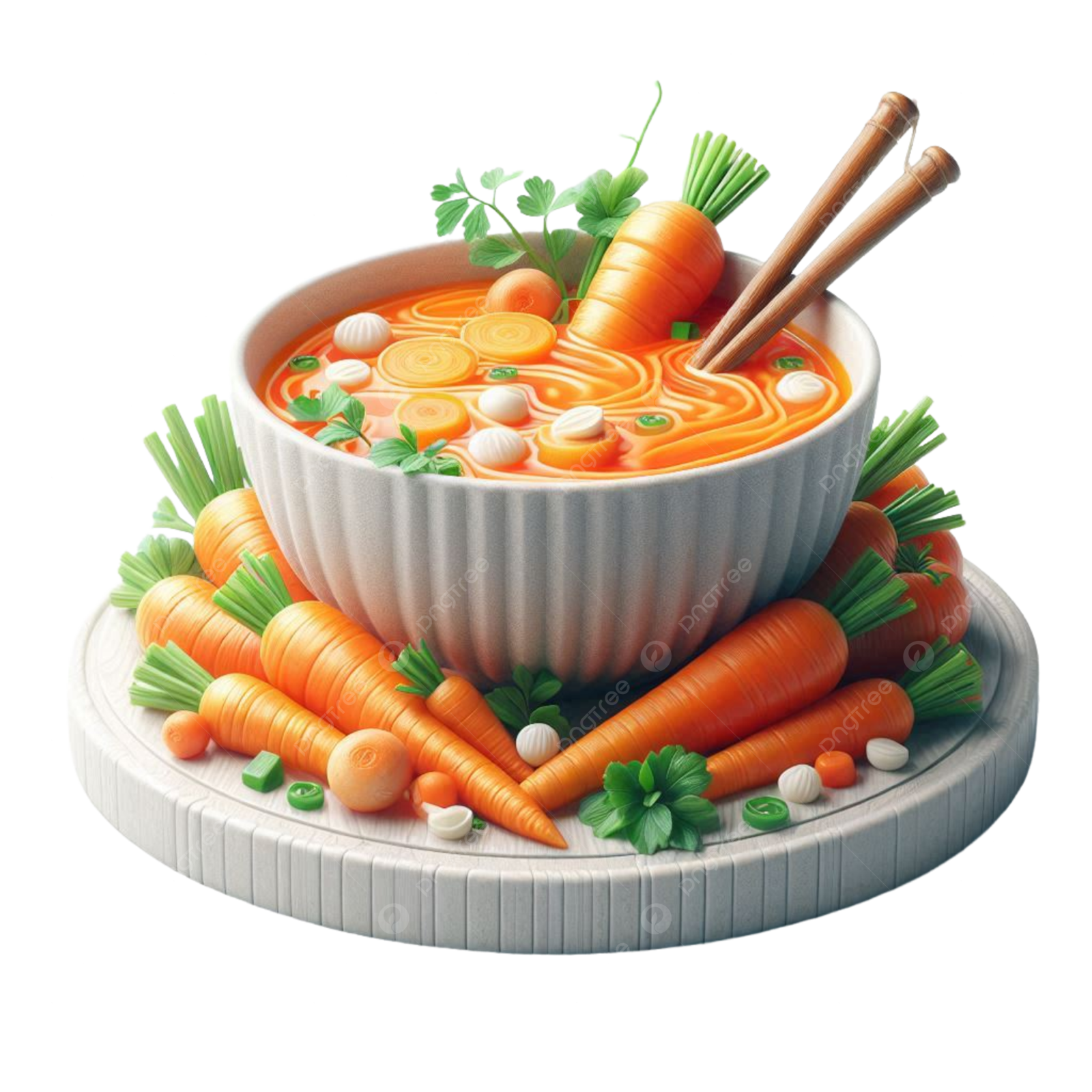a bowl of carrot soup with carrots and parise