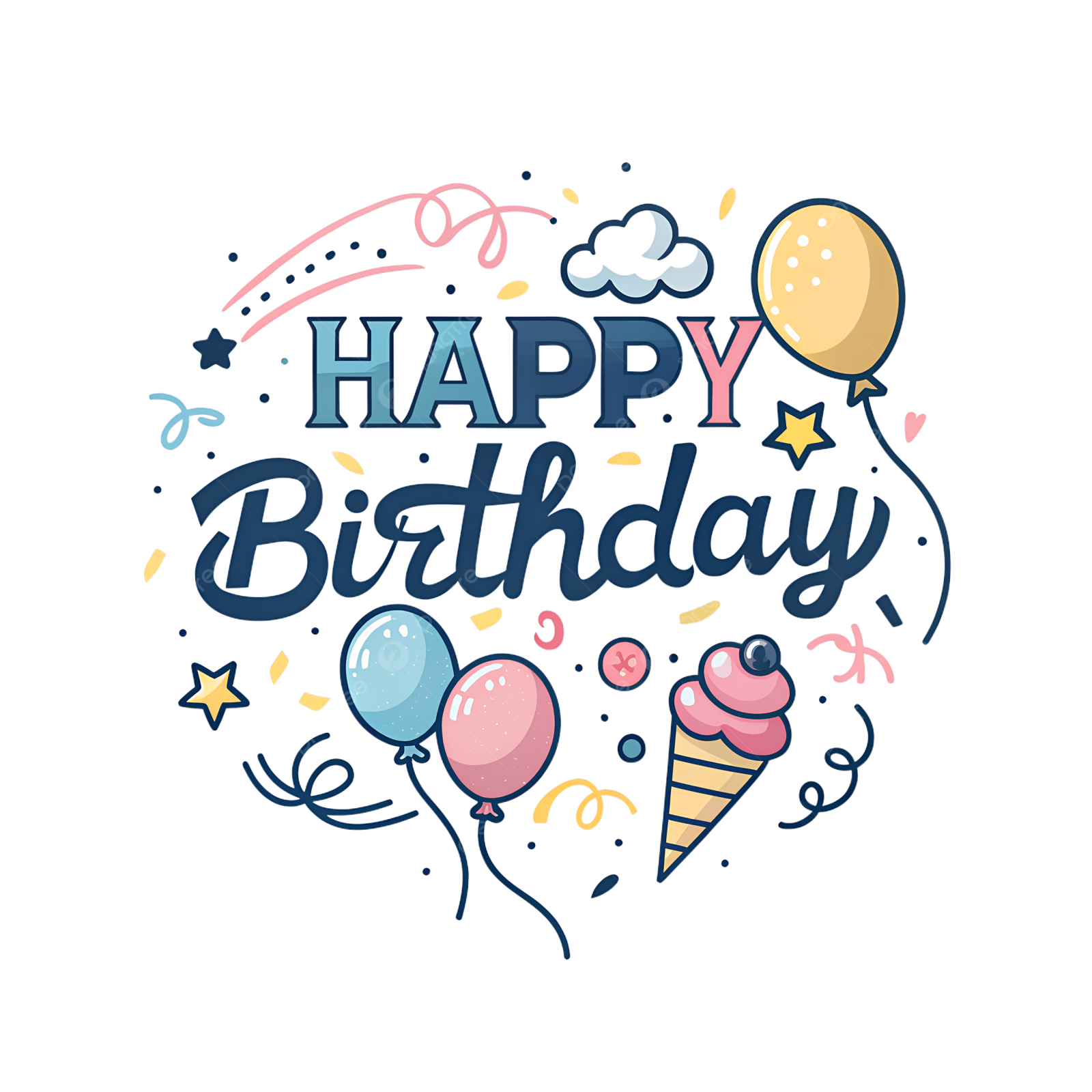 a happy birthday card with balloons and cons