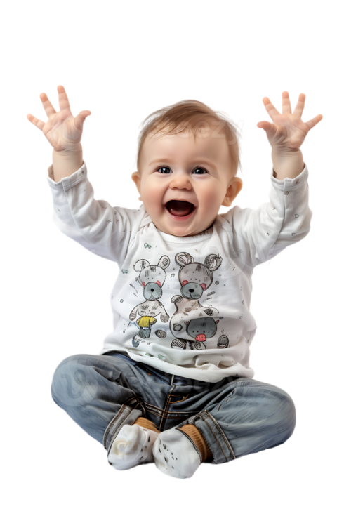 a baby sitting on the floor with his hands up