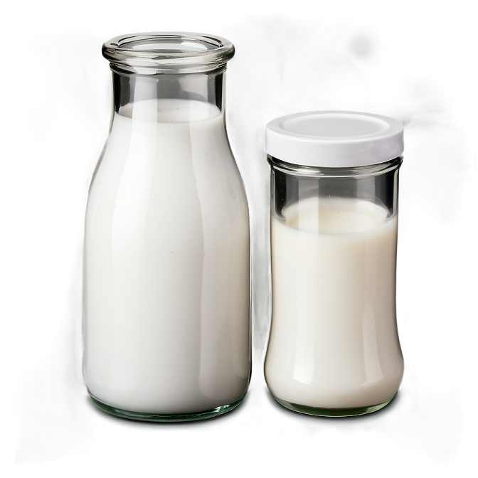 a bottle of milk next to a glass jar