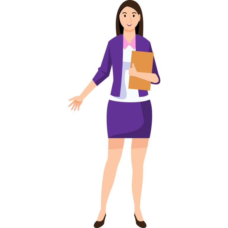 a woman in a business suit holding a folder