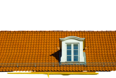 an orange tiled roof with a white window
