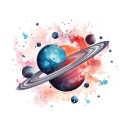 a watercolor painting of saturn and its satellites
