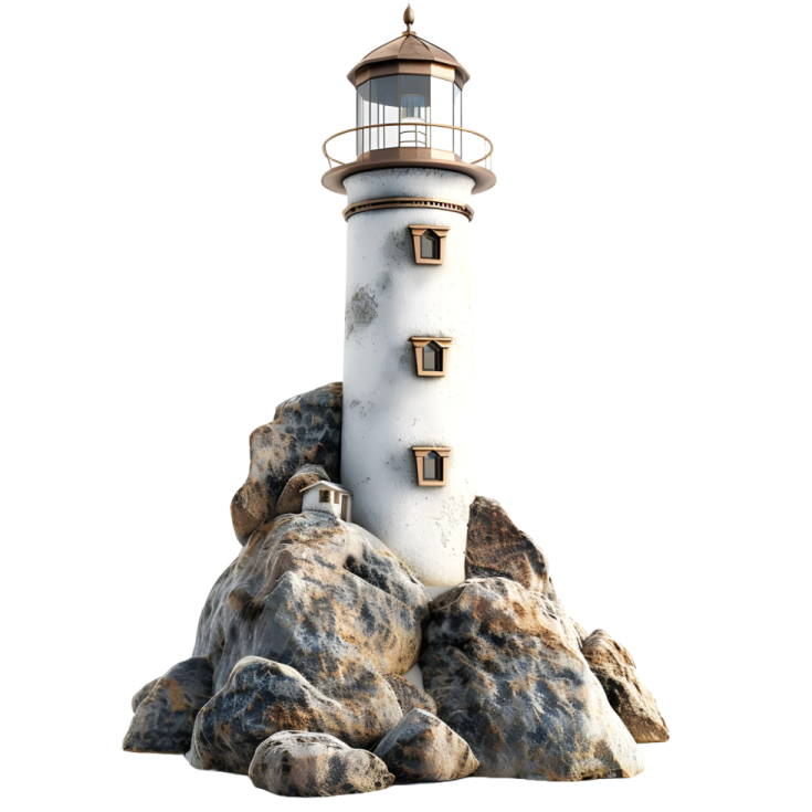 a white and brown lighthouse on some rocks