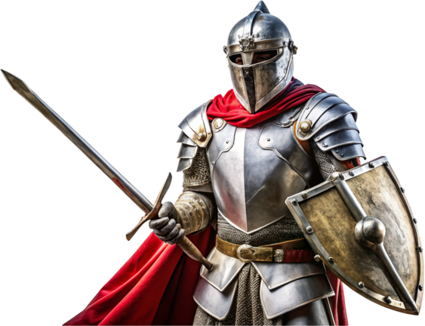 a man in armor holding a sword and shield