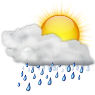 a cloud with rain and sun in the background