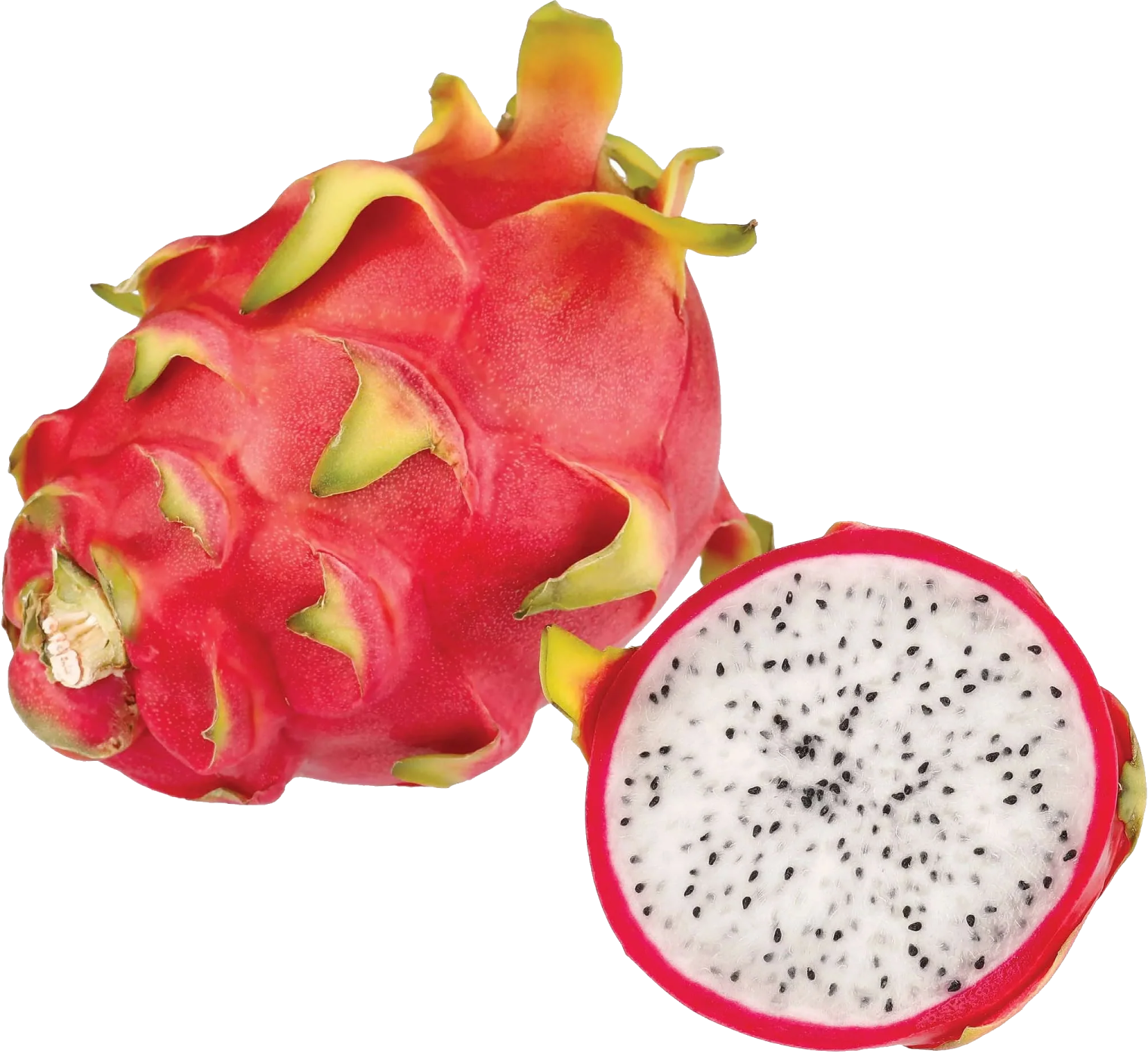 a dragon fruit cut in half on a white background