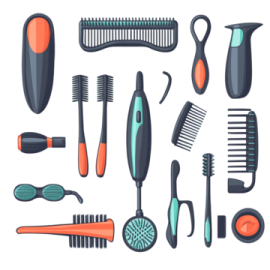 a set of different hair brushes and combs