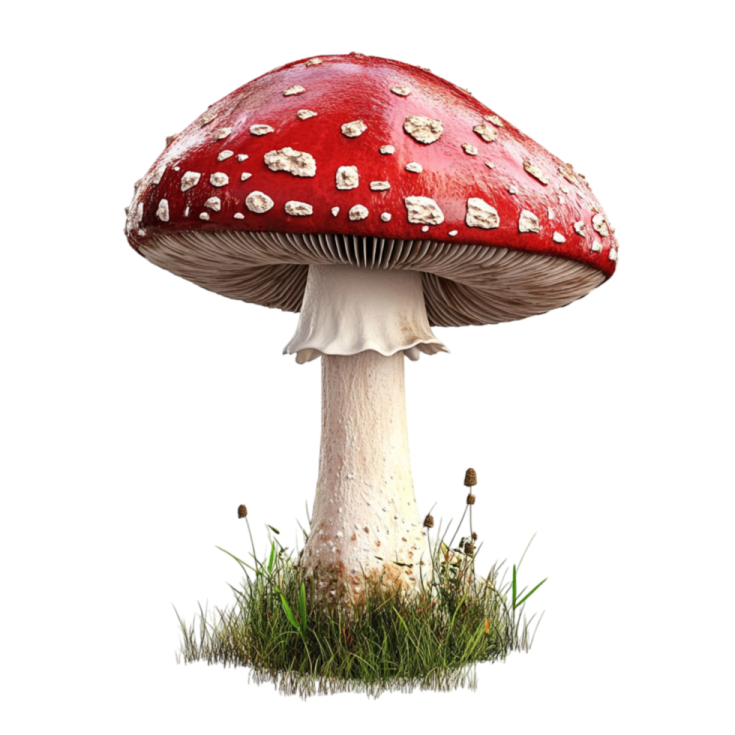 a red mushroom sitting on top of grass