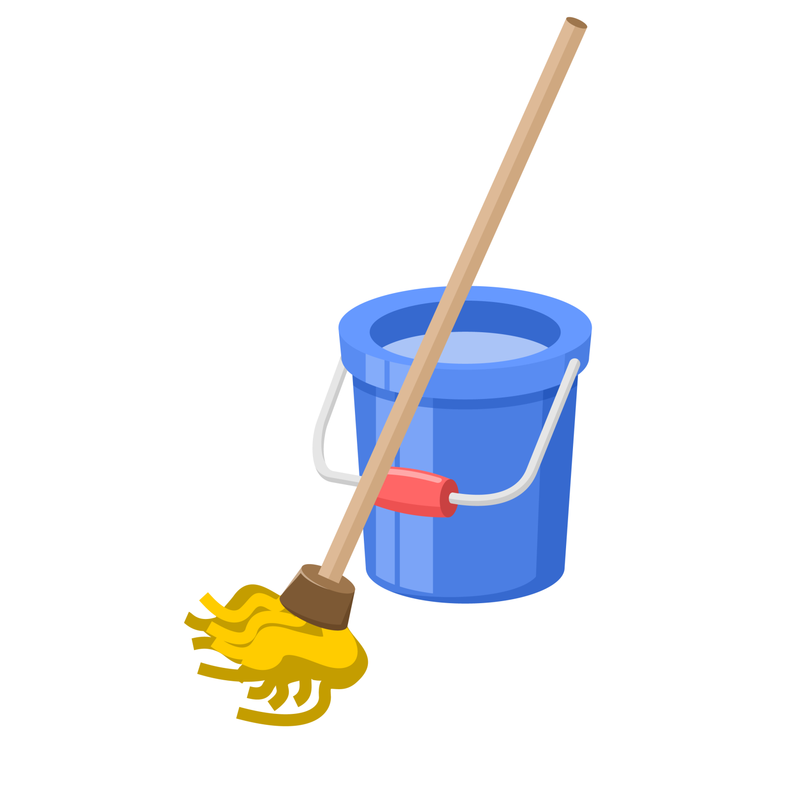 a blue bucket and a broom with a wooden handle