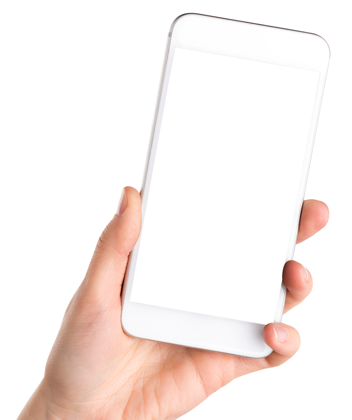 a hand holding a white cell with a blank screen