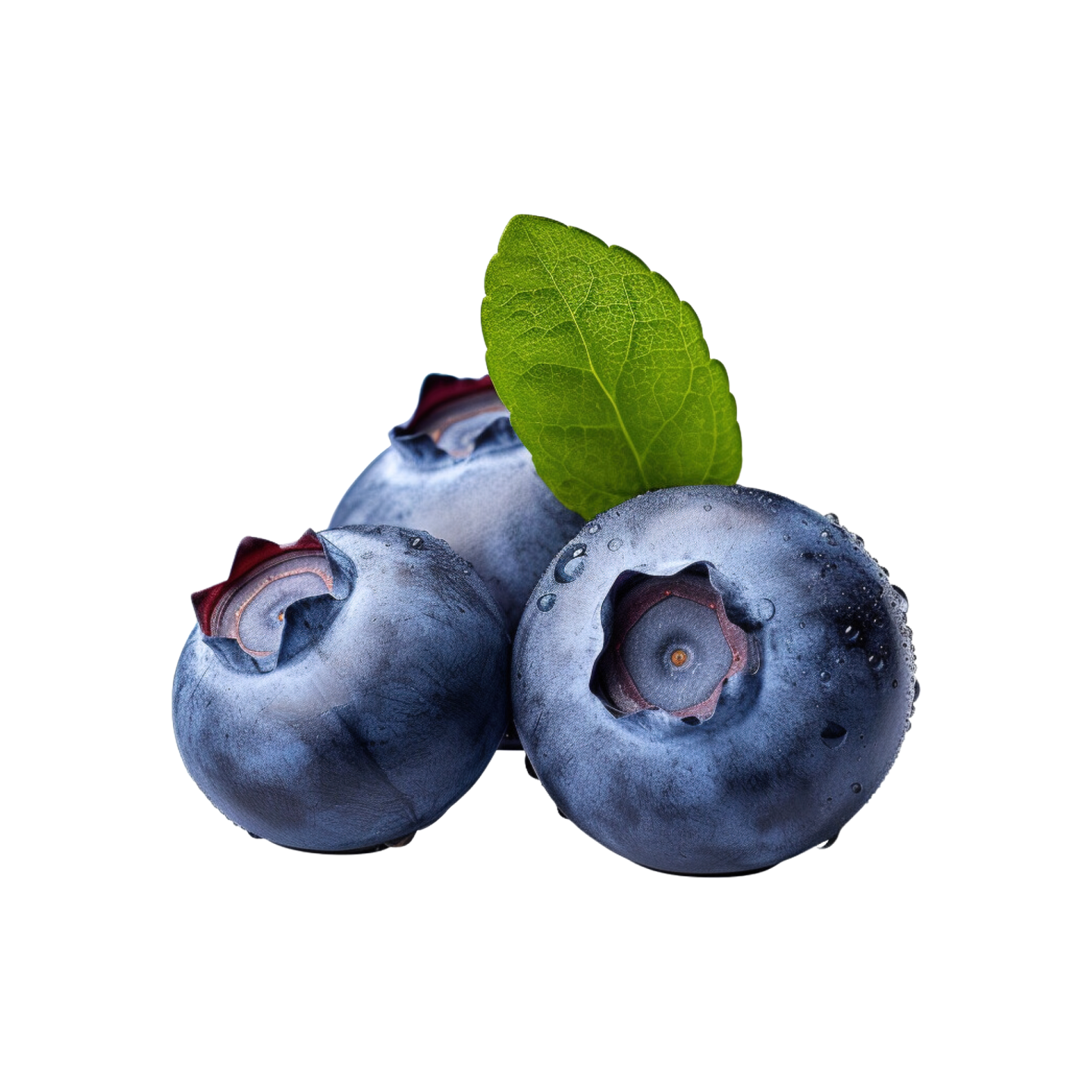 two blueberries with a leaf on top