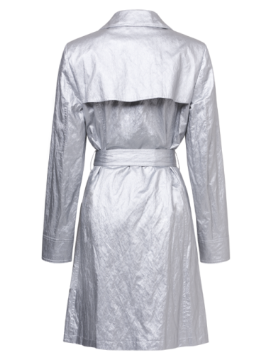 a silver trench coat with a belt