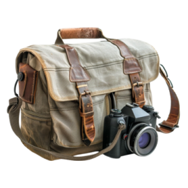 a camera and a bag on a white background