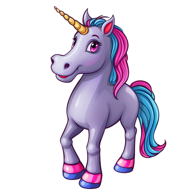 a cartoon unicorn with pink hair and blue eyes