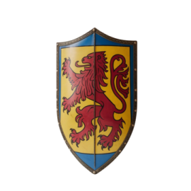 a red and yellow shield with a lion on it