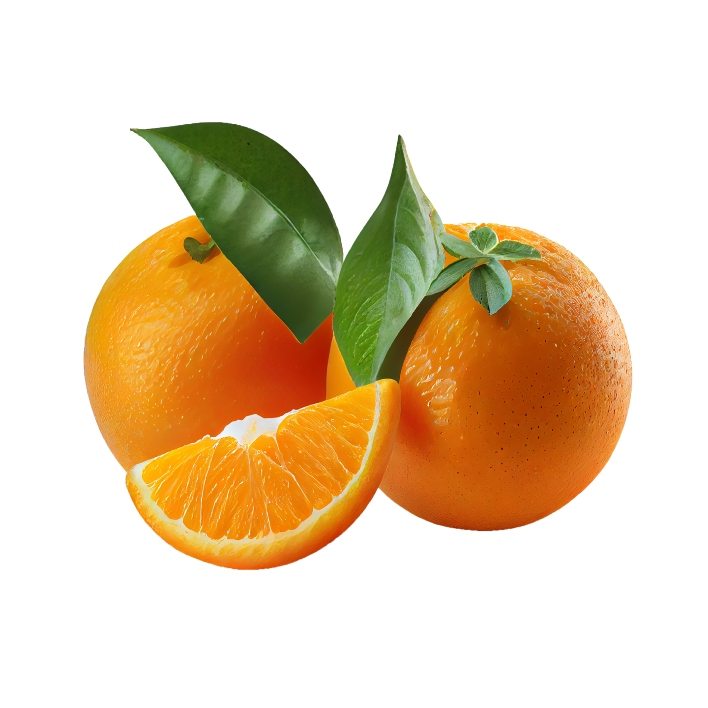 two oranges with leaves on a white background