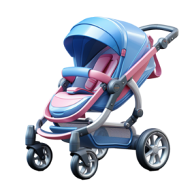 a blue and pink stroller with wheels