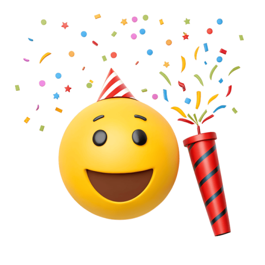 a smiley face with a party hat and streamers