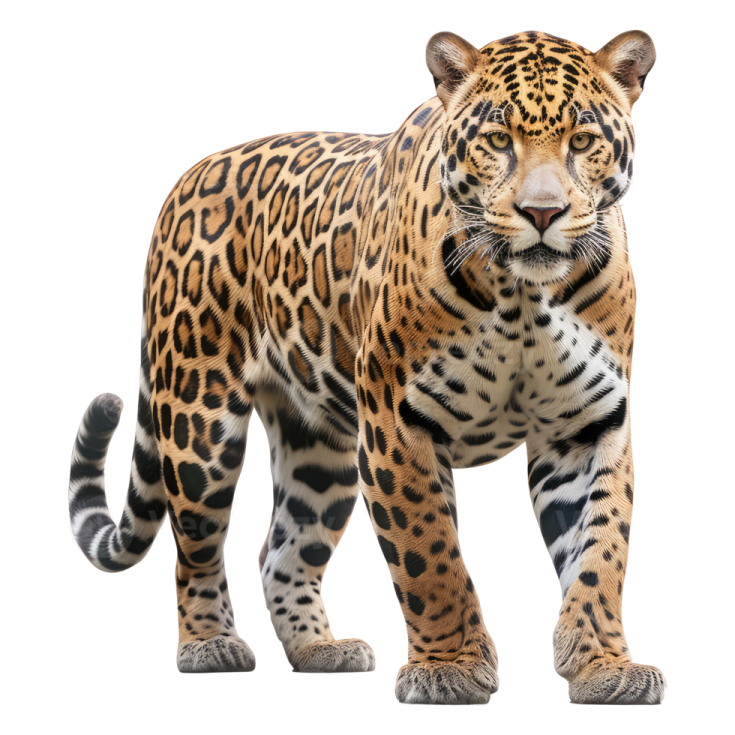 a large leopard standing in front of a white background