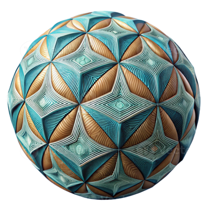 a blue and gold ball with geometric patterns
